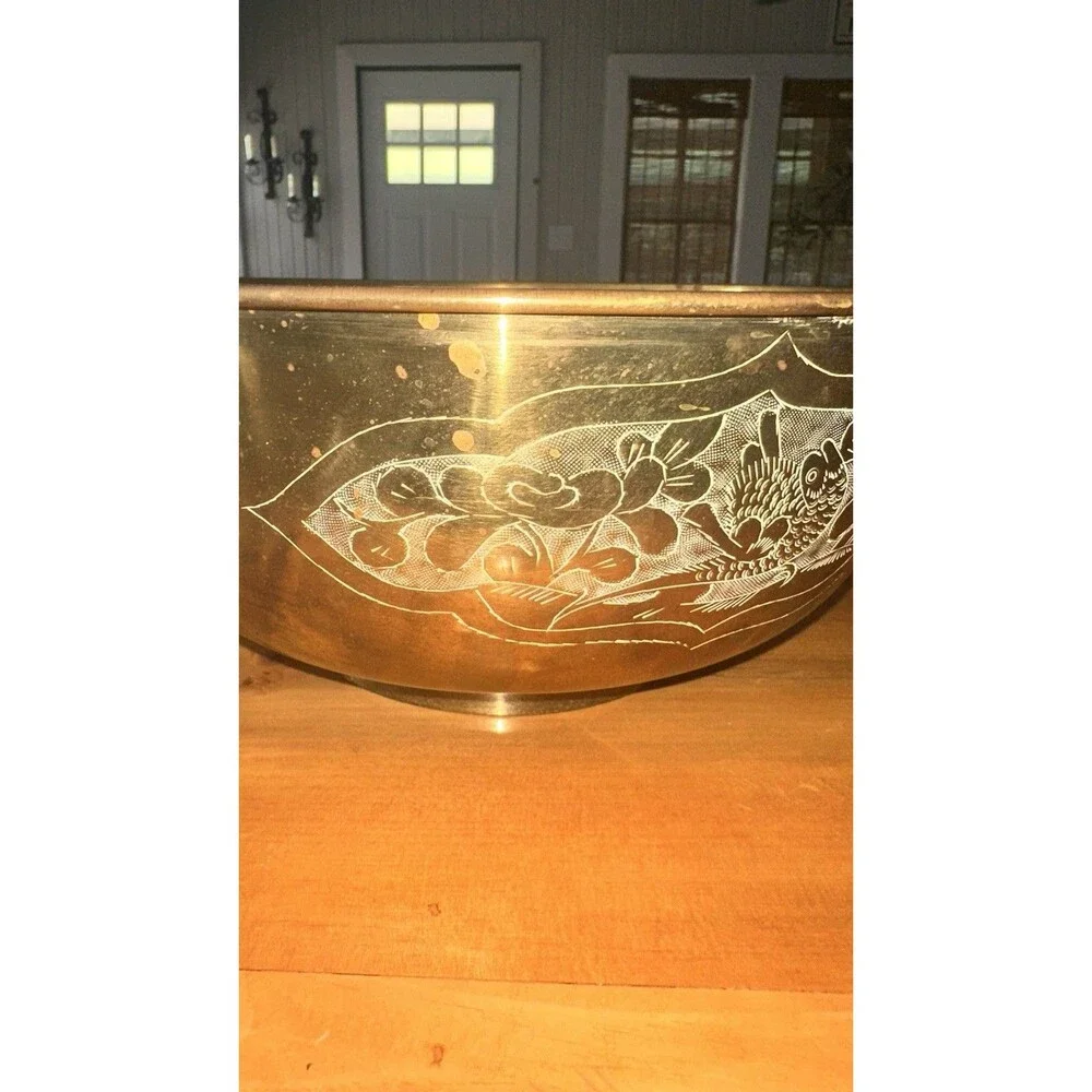 Large Vintage Asian Carved Brass Bowl Engraved Floral Birds
